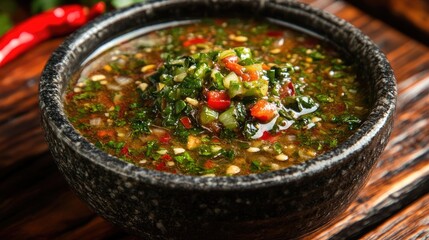 Poster - Spicy Sauce in Traditional Bowl Surrounded by Fresh Herbs and Vegetables on Wooden Table