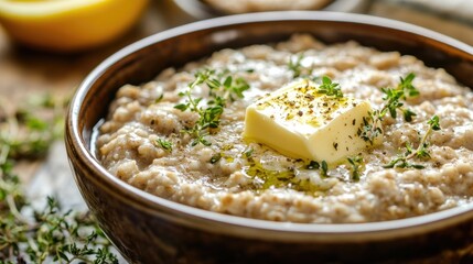 Poster - Bowl of creamy oatmeal garnished with butter and fresh herbs on a rustic wooden table