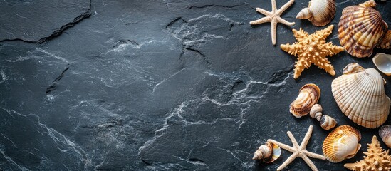 Poster - Seashells and marine decor on a black stone background with empty space for text ideal for promotional sale banners or advertisements