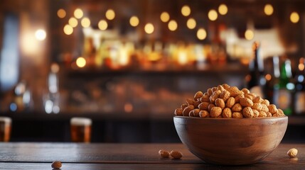 Aufkleber - Bowl of assorted nuts with beer bottles in a cozy bar setting blurred in the background