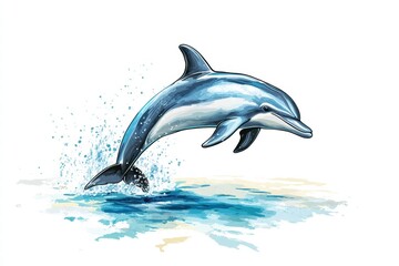 Poster - Dolphin leaps gracefully over ocean waves in vibrant illustration. Generative AI