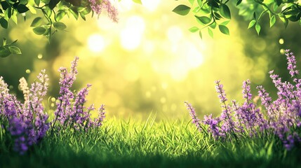 Poster - Bokeh spring landscape featuring vibrant purple wildflowers and lush green grass illuminated by soft sunlight in a serene glade setting