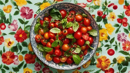 Poster - Vibrant Salad Bowl with Cherry Tomatoes and Fresh Herbs on Floral Tablecloth Background