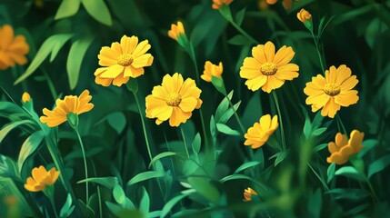 Poster - Vibrant yellow marigolds surrounded by lush green leaves in a serene garden setting showcasing natural beauty and floral elegance
