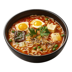 Wall Mural - Spicy Korean noodle soup isolated on a white background.