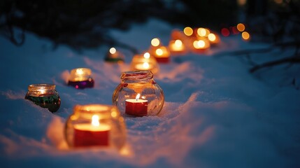 Poster - Colorful candles glowing in glass jars placed on a snowy landscape with festive ornaments creating a warm winter ambiance.