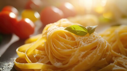 Poster - Fresh Bolognese pasta with ingredients showcasing vibrant colors and textures in an appetizing close-up setting
