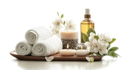 Poster - Spa therapy arrangement with towels essential oils candles and flowers for relaxation and wellness on a white background