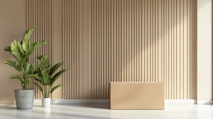 Poster - Cardboard box on white floor in stylish light beige modern interior with wood panel wall and indoor plants for aesthetic decor concepts