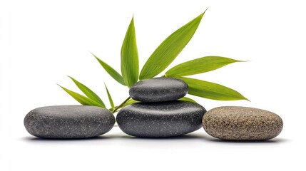 Aufkleber - Bamboo leaves paired with smooth zen stones symbolizing tranquility and natural beauty in a minimalist setting on white background.