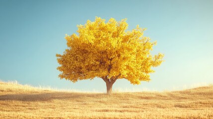 Poster - Vibrant yellow maple tree against a clear blue sky creating a serene outdoor atmosphere with ample copy space for text or design elements