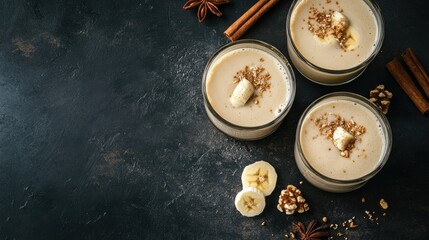 Aufkleber - Banana smoothies in glasses garnished with nuts and spices on a dark textured background showcasing fresh ingredients