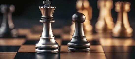 Poster - Black Chess Pieces with Silver King Facing Bronze Pawn on the Board and Empty Copyspace for Text in a Dramatic Game Setting