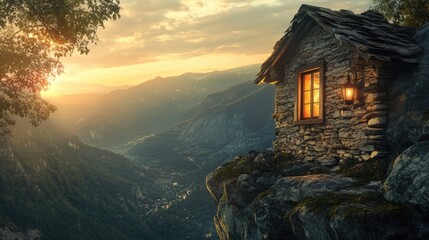 Poster - Rustic stone cabin on a cliff at sunset with warm lantern light and breathtaking valley views creating a serene natural atmosphere