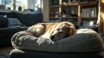 Poster - Golden retriever peacefully sleeping on cozy bed in sunlit living room with modern decor and soft furnishings.