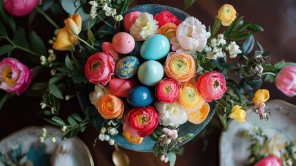 Aufkleber - Colorful Easter eggs nestled among vibrant flowers in a decorative bowl on a rustic table setting for holiday celebrations.