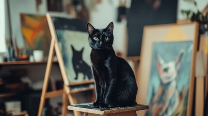 Aufkleber - Black cat perched on a stool in an artistic studio surrounded by paintings and decor with ample copyspace for text and branding