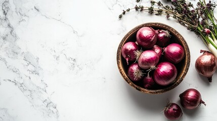 Poster - Bowl of fresh red onions with herbs on a marble background showcasing natural textures and colors for culinary themes