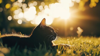 Aufkleber - Black cat relaxing in sun-drenched green grass with natural sunlight creating a warm ambiance and ample copyspace for text inclusion