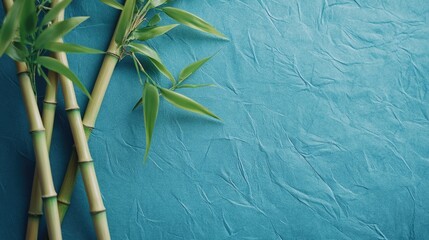 Aufkleber - Bamboo branches on textured blue background creating a serene and natural aesthetic ideal for wellness or eco-friendly designs