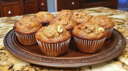 Poster - Banana Nut Muffins Displayed on Elegant Serving Tray with Decorative Edge