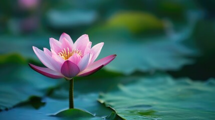 Poster - Elegant Pink Lotus Flower in Tranquil Water with Lush Green Lily Pads Surrounding It in a Calm Natural Habitat