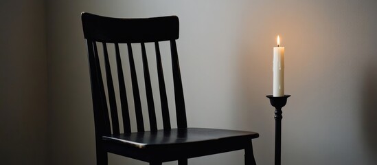 Poster - Elegant black chair beside a white candle in a minimalist room with ample space for customizable text or design elements.