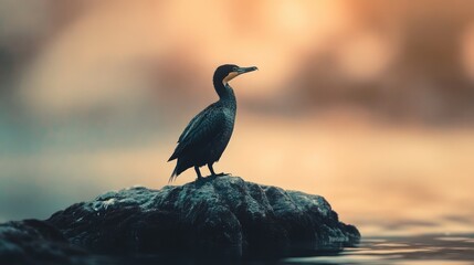 Poster - Cormorant perched on a rock during sunset with soft focus background showcasing serene natural beauty and wildlife.