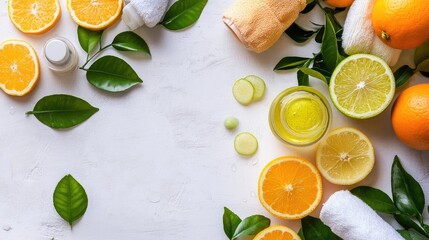 Poster - Citrus spa therapy layout with fresh fruits essential oils and towels for a rejuvenating beauty treatment background