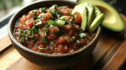 Poster - Savory salsa bowl topped with fresh avocado slices garnished with herbs on a wooden serving board