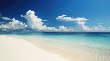Poster - Serene beach landscape with pristine white sand and crystal clear turquoise waters under a bright blue sky with fluffy clouds