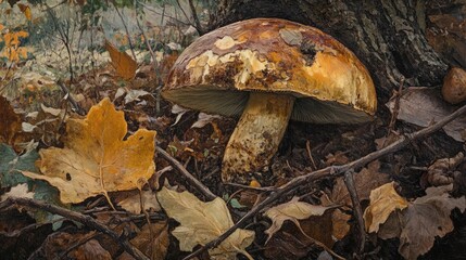 Aufkleber - Boletus mushroom amidst autumn leaves and twigs in a serene forest setting showcasing nature's beauty and biodiversity.