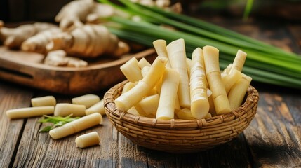 Poster - Fresh bamboo shoots in a woven basket with ginger and scallions on a rustic wooden table as a healthy food ingredient for cooking