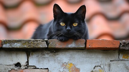 Poster - Black cat resting on a chimney with vibrant eyes in a rustic setting ideal for creative text applications