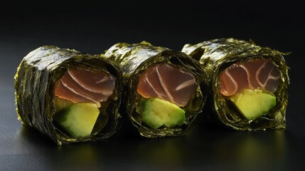 Aufkleber - Delicious Bonito Maki Sushi Rolls filled with Salmon Skin Cucumber and Avocado finished with a Dried Shaved Seaweed exterior