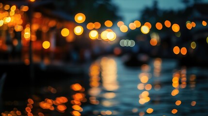 Leinwandbilder - Bokeh lights reflecting on water from a vibrant floating market at dusk creating a serene atmospheric background