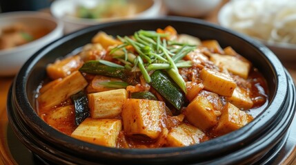 Poster - Stewed bamboo shoots in sauce served in a traditional bowl garnished with green onions on a wooden table