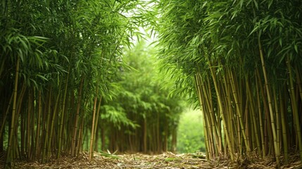 Poster - Lush bamboo grove creating a serene natural pathway surrounded by vibrant green foliage in a wild forest setting.