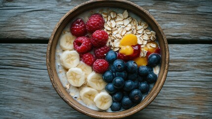Poster - Healthy bowl of oatmeal topped with fresh berries and banana on a rustic wooden table, perfect for breakfast or nutritious meal ideas.