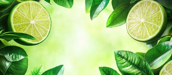 Poster - Vibrant lime halves surrounded by fresh leaves against a luminous background with ample space for custom text and branding