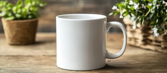 Aufkleber - Black Coffee in Classic White Ceramic Mug on Rustic Table with Greenery and Empty Space for Custom Text or Branding
