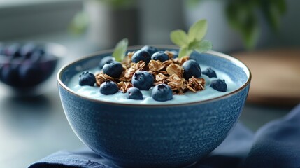 Poster - Bowl of yogurt with blueberries and granola Healthy nutritious breakfast option in a modern kitchen setting