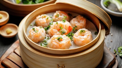 Poster - Bamboo steamer with shrimp dumplings garnished with green onions in traditional Chinese cuisine setting