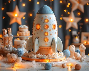 Wall Mural - creative rocket shaped birthday cake surrounded by galaxy themed decor and glowing stars