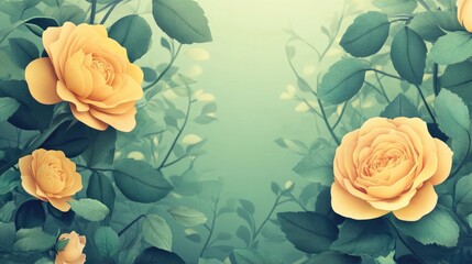 Poster - Elegant yellow roses surrounded by lush green leaves in a soft pastel background for floral design and nature themes.