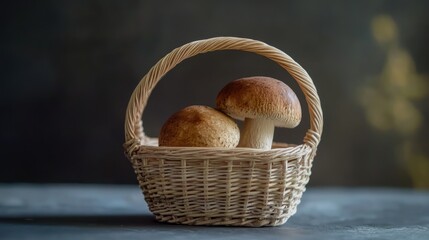 Poster - Boletus edulis mushrooms in a rustic basket on a dark background showcasing natural textures and earthy colors