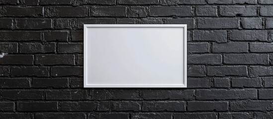 Poster - Banner mockup with white frame on black brick wall showcasing empty space ideal for promotional text or artistic display