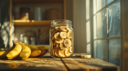 Aufkleber - Healthy banana chips in a glass jar beside fresh bananas on a rustic wooden table showcasing nutritious snack options and natural lighting