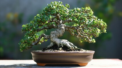 Aufkleber - Miniature bonsai tree in a decorative pot showcasing intricate foliage and natural elegance against a blurred outdoor background.
