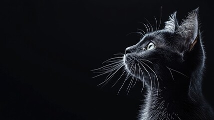 Poster - Black cat with white markings profile against black background showcasing features and copyspace for text addition